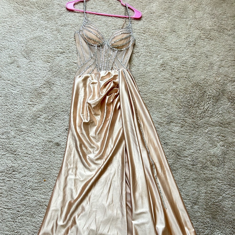 Champagne dress, Rhinestone detailing throughout, slit w side piece + corset top